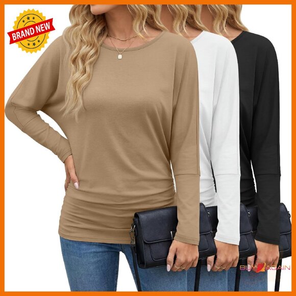 Tops - Long Sleeve Dolman Tops 3 Pack, Flowy Bat Wing Tees, Polyester Cotton Blend